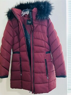 Guess Burgundy Quilted Puffer Coat with Black Faux Fur Trim